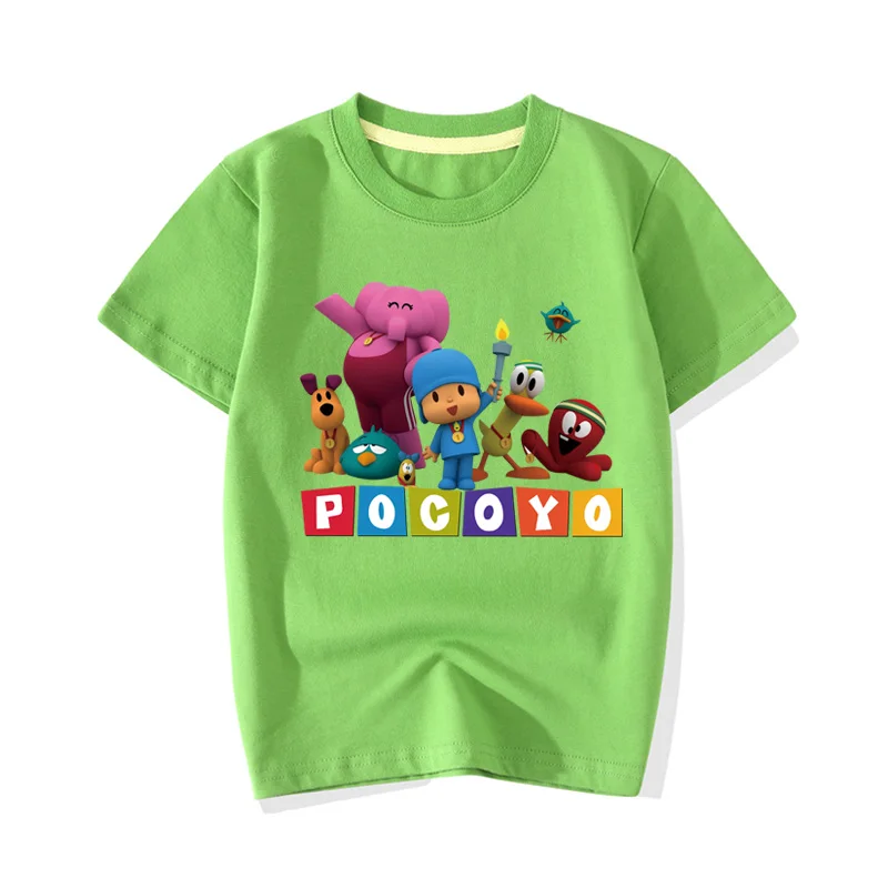 Green T-shirt Детские летние футболки с коротким рукавом, мультфильм покойо, одежда с принтом, хлопковые футболки для маленьких мальчиков и девочек, детская футболка, Топ JY080 - Цвет: Green T-shirt