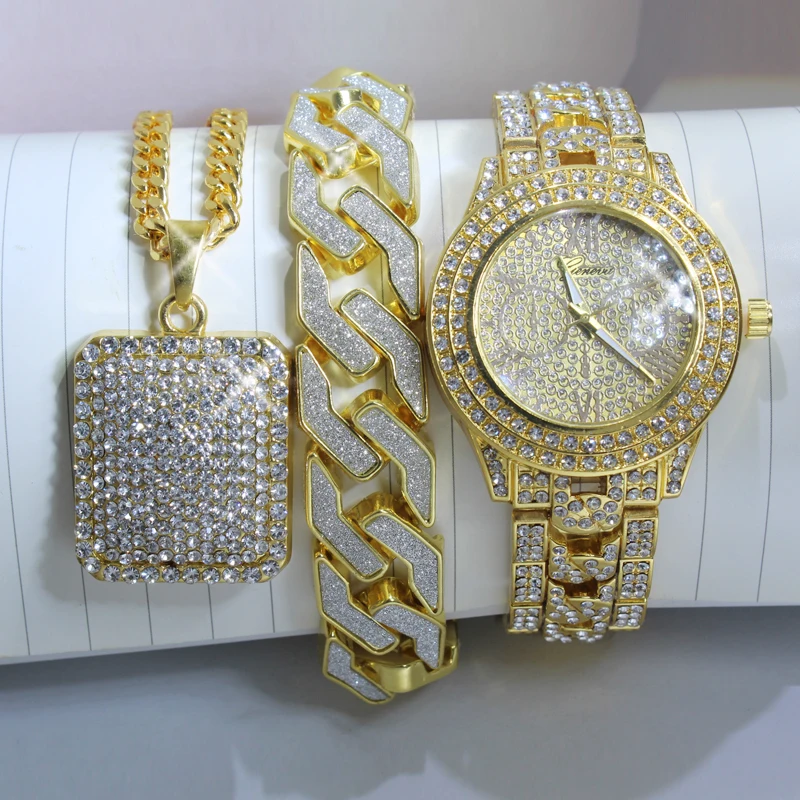 

Ice out men's hip hop gold CZ watch & full ice necklace and bracelet combination set Jewelry gifts