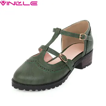 

VINLLE 2020 T-strap Buckle Round Toe Spring Casual Women Pumps PU Leather Square Low Heel Ladies Single Shoes Big Size 34-43