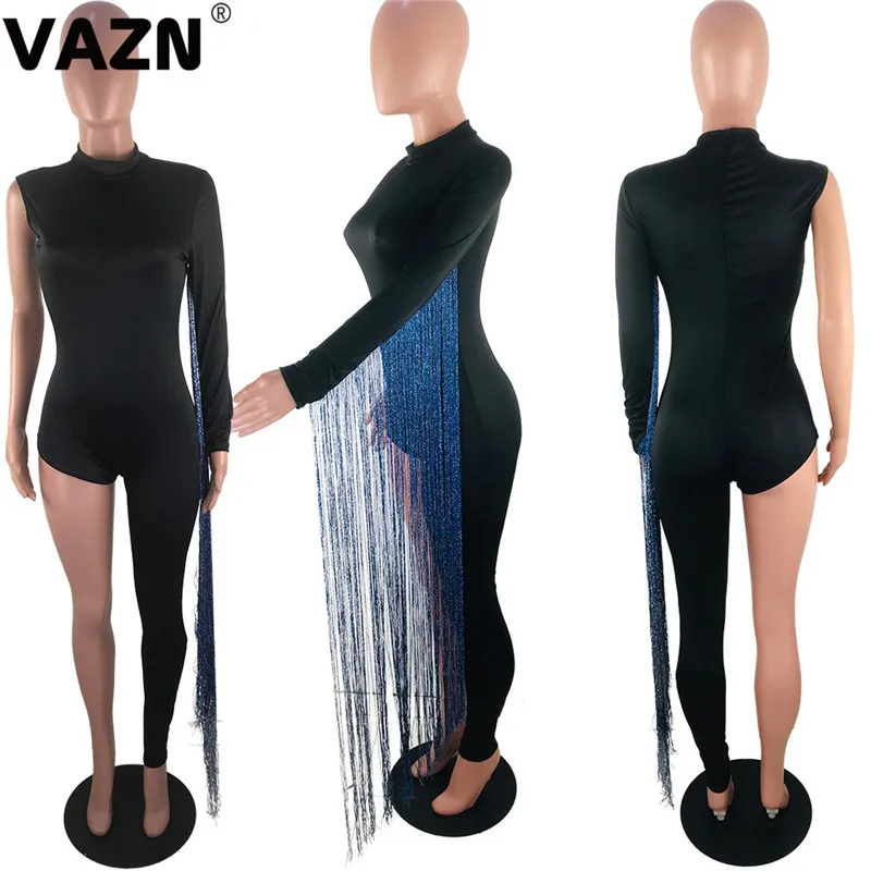 VAZN KSN5085, шикарный дизайн, летний сексуальный женский комбинезон, 2 цвета, на одно плечо, полный рукав, с кисточками, комбинезон, асимметричный комбинезон