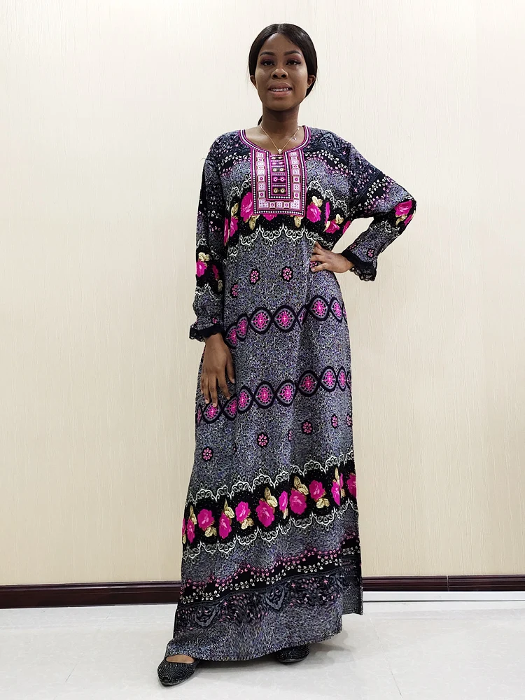 Africa Embroidery Retro Long-sleeved Maroon Dashiki Dress for Lady