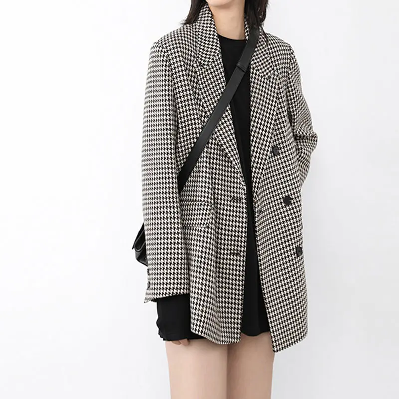 

New 2020 Autumn Winter Women's Office Houndstooth Blazers Plaid Single Breasted Pockets Formal Jackets Notched Outerwear Tops