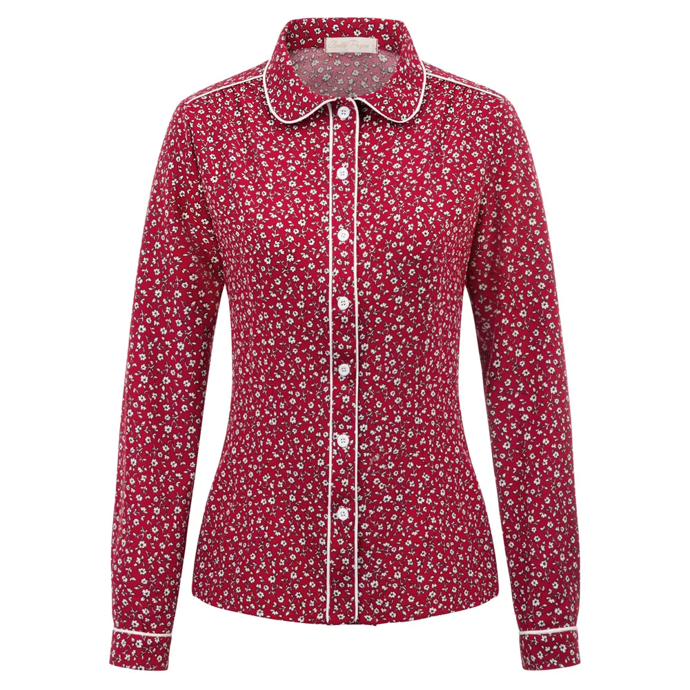 

BP Women casual shirt Peter Pan Collar Tops elegant Vintage blouse Long Sleeve Button Placket slim white stripe floral shirt