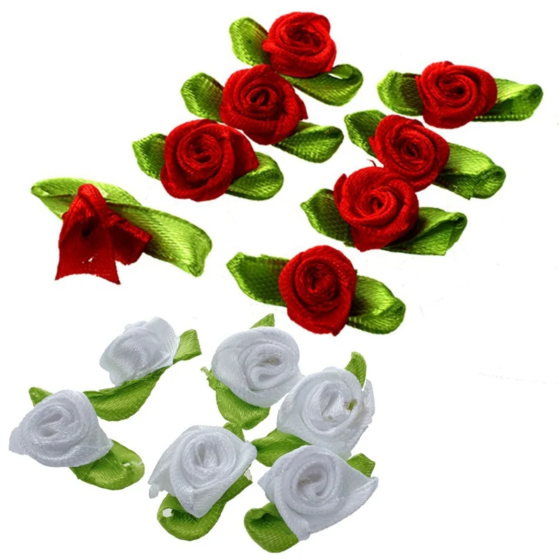 200 шт атласная мини-лента лепесток цветка розы Свадебный декор Аппликации шитье DIY основной, 100 шт белый с 100 шт красный