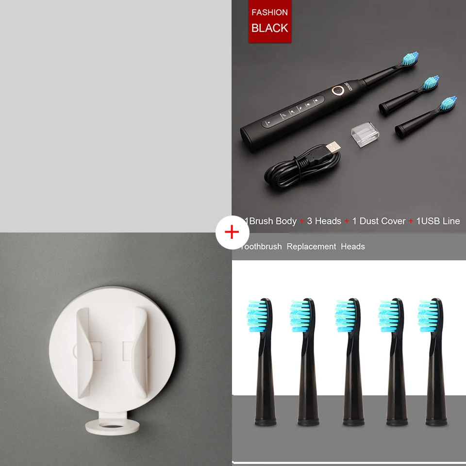 Black1Wall5Heads Электрическая зубная щетка, звуковая волна, перезаряжаемая, высокое качество, умный чип, головка зубной щетки, сменная, отбеливающая, здоровый, лучший подарок - Цвет: Black1Wall5Heads