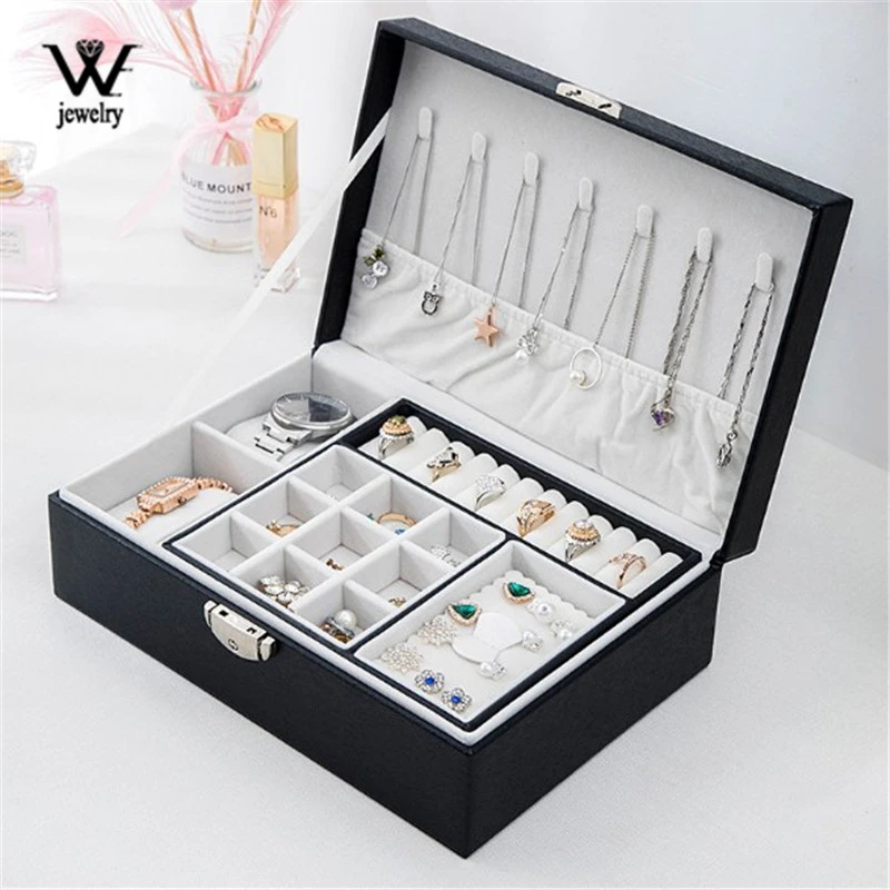 

WE WE New Jewelry Storage Box Multifunction Leather Doublei-layer Makeup Box PU Box with 2 Table pillows Necklace Earring Holder