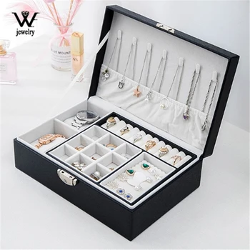 

WE WE New Jewelry Storage Box Multifunction Leather Doublei-layer Makeup Box PU Box with 2 Table pillows Necklace Earring Holder