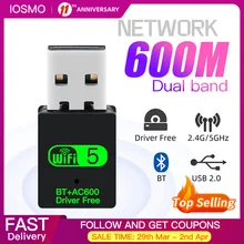 600Mbps USB WiFi Bluetooth Adapter Dual Band 2.4/5Ghz Wireless Wi-Fi Receiver Mini USB WiFi BT Dongle Network Card for PC Laptop