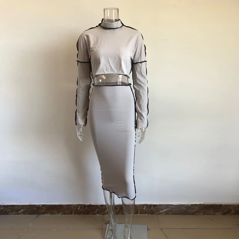 KGFIGU 2 Piece Set Suits Gray casual loose oversize Two Piece Set Fall Party Women Sets Long sleeve Top and maxi Skirts