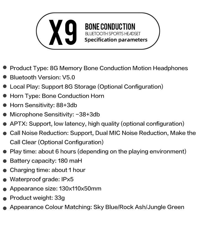 X9 костной проводимости Bluetooth IPX5 Водонепроницаемая гарнитура встроенный 8 Гб памяти двойной микрофон шумоподавляющий наушник для спортивной езды