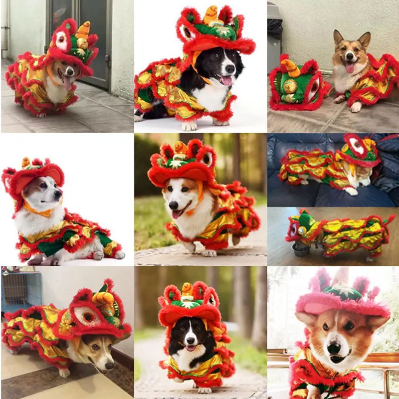Забавная Новогодняя одежда для собак, китайский костюм для питомцев, танец дракона, Лев, собака, кошка, пальто, танец льва, красная праздничная одежда для плюшевых