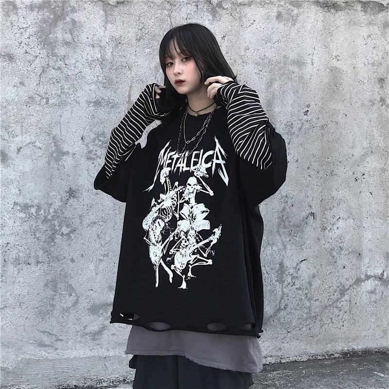 Woherb Harajuku Толстовка Женский черный Поддельные 2 шт. толстовки полосатый череп печати панк свободные женские рваные пуловеры Топы