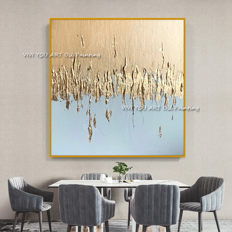 

Large 100% handmade Modern Abstract Blue Gold Foil Oil Painting Art Canvas Pictures for Living Room hotel wall Decoration