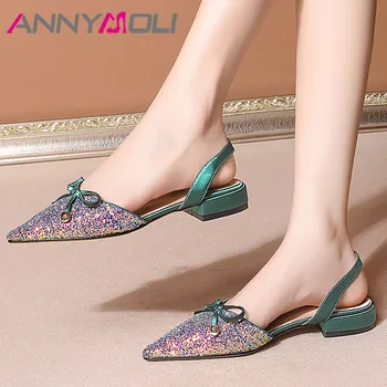 

ANNYMOLI Woman Slingbacks Shoes Bling Low Heels Bow Block Heel Pumps Dress Pointed Toe Ladies Footwear Green Pink Big Size 33-42