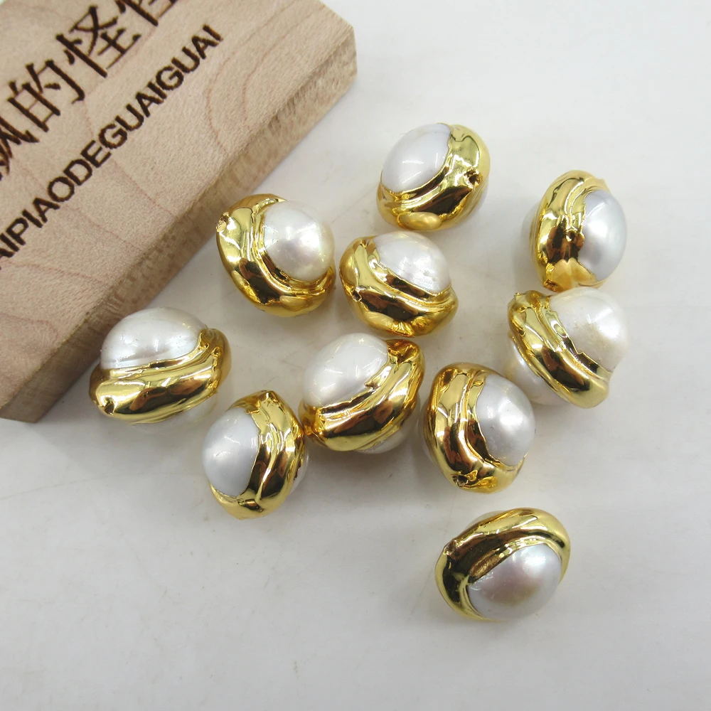 APDGG Wholesale 10 pcs Gold Plated Natural White Pearl Beads Gemstone Charm Boho Jewelry DIY Making