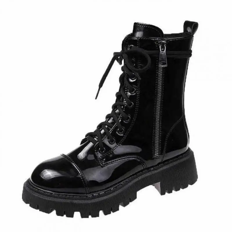 2021 Fashion Leather Ankle Boots Woman Platform Motorcycle Lace-up Shoes Zipper Women Autumn Black Size 40 | Обувь