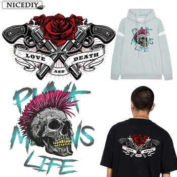 

Punk Rock Hippie Skull Rose patches Heat Transfer Vinyl Stickers For Clothes Iron-on patches Applique Washable Cool Fashion DIY
