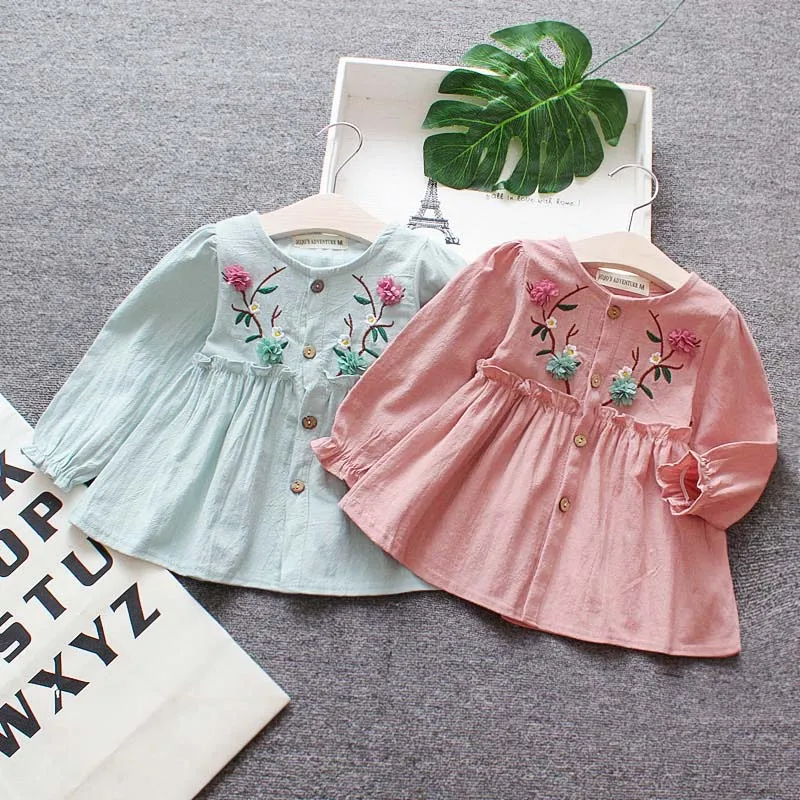 

Embroidery Autumn Baby Children Girls Dress Sweet Cotton Solid Color Flower Pattern Button Long Sleeve Princess Dress