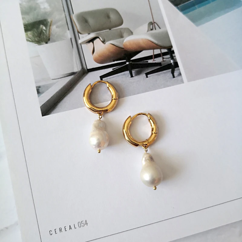 Peri'sBox 2019 Natural Baroque Freshwater Pearl Drop Earrings Gold Small Circle Large White Pearl Earrings for Women Pearl Charm - Image 6
