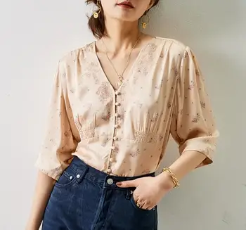 

Vintage satin pink women shirt floral print v-neck half sleeve short shirt tops 2020 new