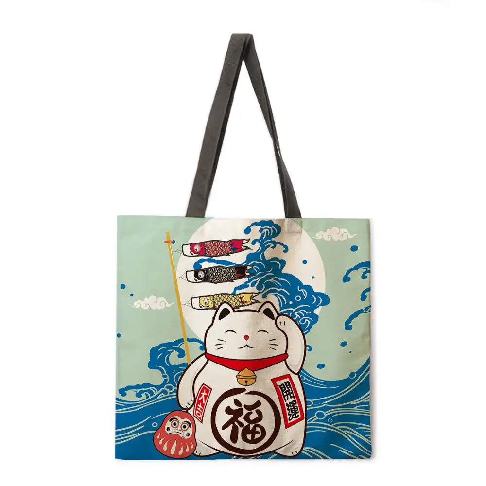 

Сумка-тоут с принтом Lucky cat, многоразовая пляжная сумка, льняная повседневная женская сумка через плечо, складная сумка для покупок