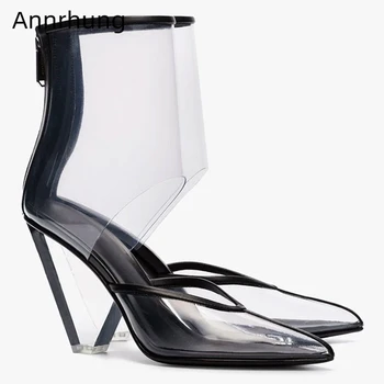 

Clear Transparent PVC High Heel Ankle Boots Women Unique Spike Heel Pointed Toe Short Botas Back Zip Cut Out Stage Boots Women
