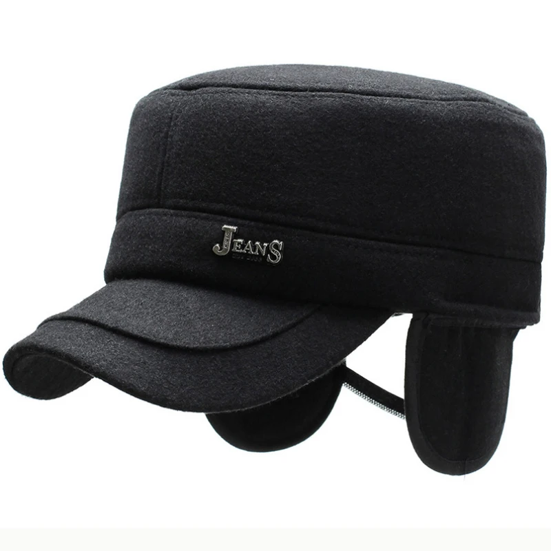 

HT2617 Winter Baseball Cap Men Thick Warm Ear Flap Dad Hat Male Adjustable Wool Felt Cap Baseball Hat Flat Top Army Military Cap