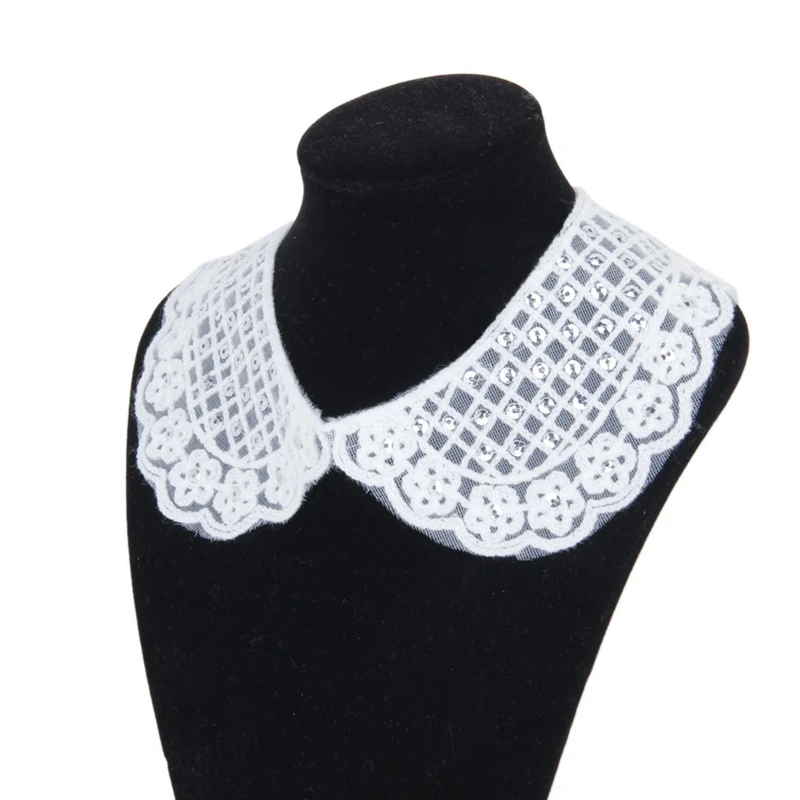 Вязание крючком Sequinned цветок декольте Воротник платье/футболка украшения-белый
