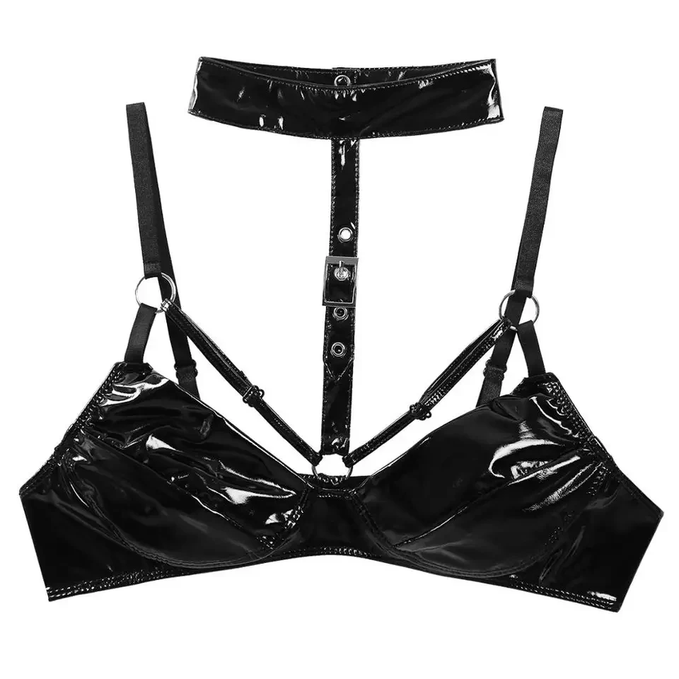 Women Sexy Cleavage Glossy Leather Bra Erotic Hot Porn Plunge Half Cup Breast Exposing Shiny Latex Deep U Tops Adjustable Sexi
