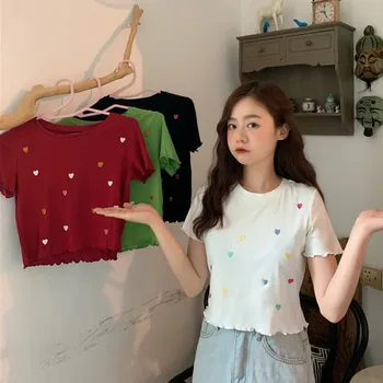 

Women's Sweater Short Sleeved Sweet Elegant Love Embroidery Slim Round Collar Slim Bottom Knit Sweater Autumn Tops