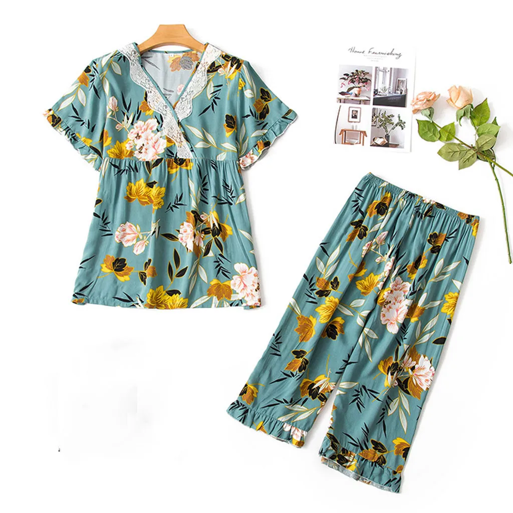2019 летние Пижамные комплекты с цветочным принтом для женщин, хлопковые пижамы для девочек, Сексуальное белье без рукавов, комплекты из двух