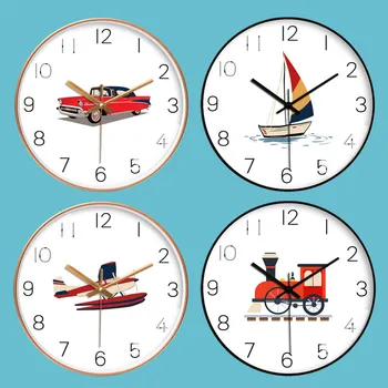 

Nordic Creative Cartoon Car Plane Sailing Train Wall Colock Round Shaped 10 12 Inches Mute Clocks Home Room Decor