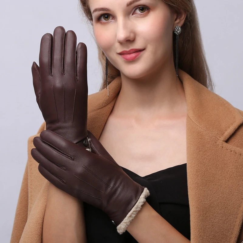 

Winter Fashion Women Genuine Sheepskin Gloves Thermal Leather Short Glove Add Velvet Driving Mittens S2622
