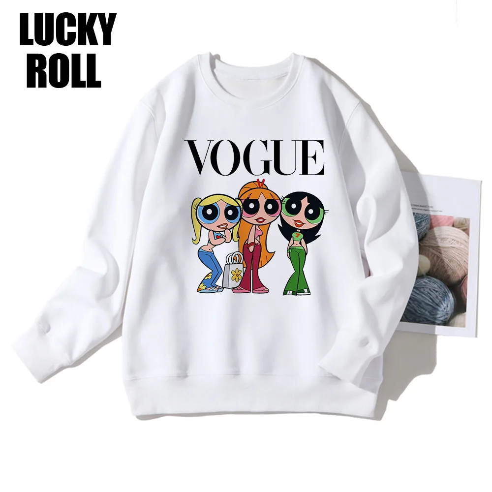 

Powerpuff Vogue Sweatshirt Cartoon White Edgy 90s Long Sleeve Soft Girl Style Clothes Crewneck Preppy Style Pullover LUCKYROLL