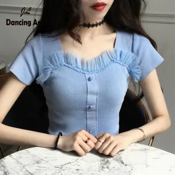 

Knitted Blouses Woman French Chic Shirts Women Pleated Short Puff Sleeve Casual Female Blusas Crop Top