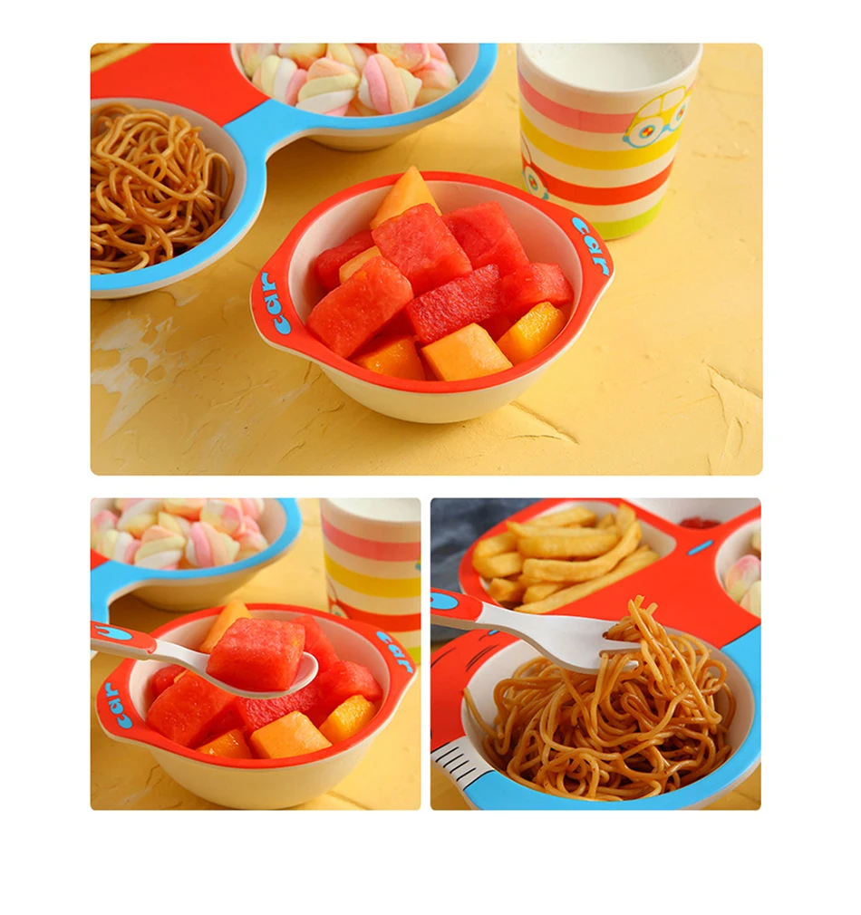 5 шт./компл. детское блюдо посуда детская натуральная миска из бамбукового волокна с чашкой ложка тарелка вилка Кормление разделительные блюда для детей