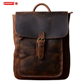 

Women Backpack 13.3" Laptop Bag Female Schoolbag Small Backpacks Thin Cowhide Retro 2020 New Literary Crazy Horse Leather Solid