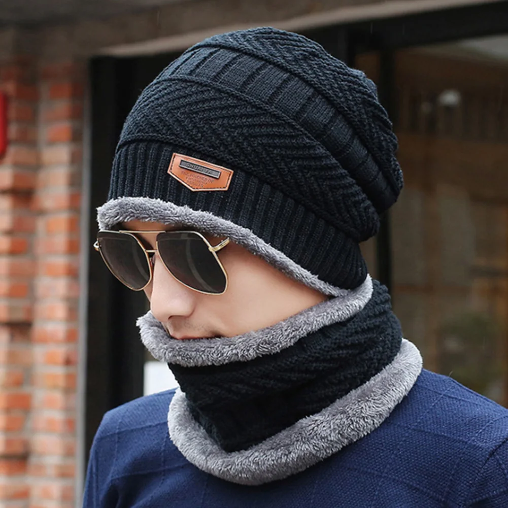 

Men Camping Multifunction Knitting Wool Elastic Outdoor Autumn Winter Keep Warm Ski Hat Scarf Set Two Piece Fashion Soft Hiking