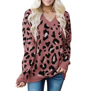 

Women Winter Fashion Sweater Pullover Knitted Leopard Print Sweater Top V-Neck Autumn Sexy Female Long Sleeve Sweaters