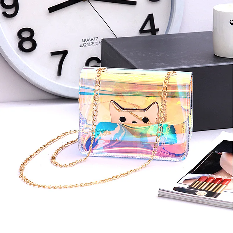 

Transparent Bag Women's 2019 New Style Korean-style bai da xiao Cat Head Laser Bag with Chain Jelly Shoulder Bag Women's