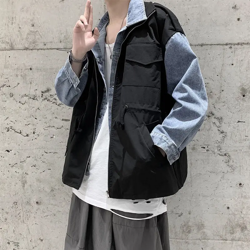 

Korean Fake Two-piece Jacket Men's Fashion Casual Multi-pocket Tooling Jackets Mens Streetwear Loose Hip-hop Bomber Jacket Men