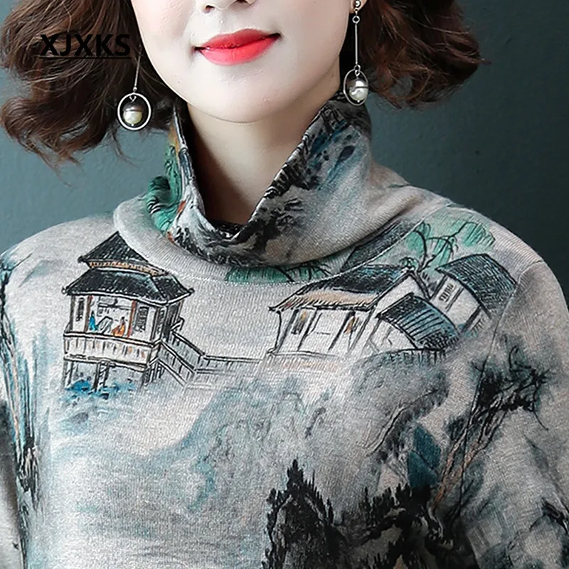 XJXKS High-end digital printing women knitted dress autumn winter new wool long sweater women turtleneck pullover