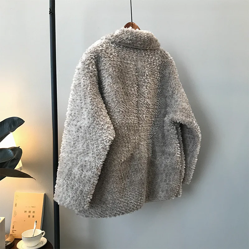 Silver gray Lugentolo, Женское пальто, зимнее, шерстяное, свободное, плюшевое, повседневное, имитация овечьей шерсти, с роговой пряжкой, однотонное, корейское, теплое, утолщенное, простое пальто - Цвет: Silver gray