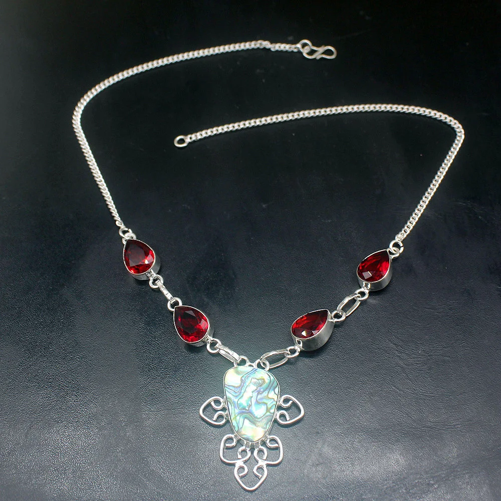Gemstonefactory Jewelry Big Promotion Unique 925 Silver Natural Abalone Shell Red Garnet Women Chain Necklace 46cm 202101496