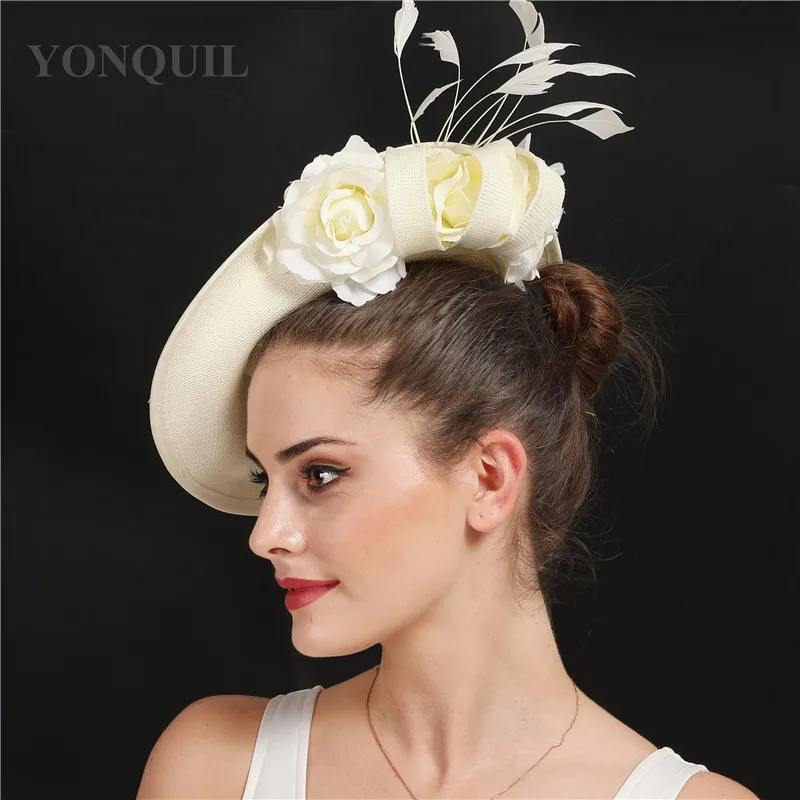 Классическое украшение для волос в виде цветка цвета слоновой кости, Свадебная женская шапка, причудливая церковная Коктейльная шляпка с перьями, шикарная шляпка с узкими полями