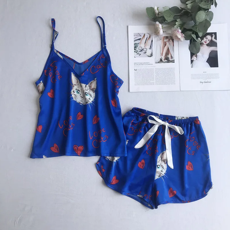 Flower Lady 2PCS Strap Top&ampShorts Sexy V-neck Pajamas Suit With Bow Soft Sleep Set Nightwear Casual Sleepwear Lougne Home Wear | Женская