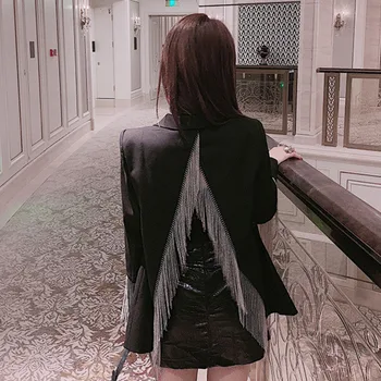 

Korea 2020 Autumn New Women's Metal Tassel Chain Design Back Split Lapels Button Solid Color Suit Blazer PC195