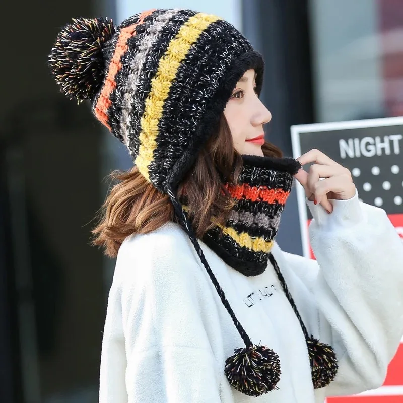 Зимняя женская шерстяная вязаная шапка, шарф, Осень-зима, женская теплая меховая подкладка, лыжная шапочка, удобная мягкая шапка из двух предметов