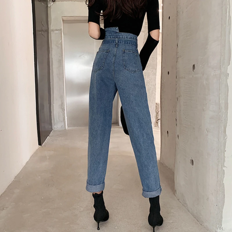 Новое поступление корейские модные женские Асимметричные джинсы с высокой талией женские хлопковые джинсовые повседневные шаровары наивысшего качества свободный пояс S188
