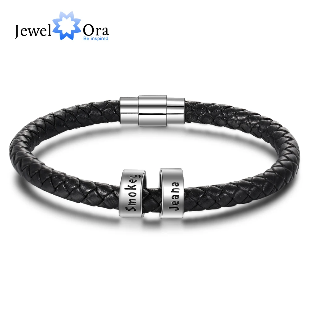 

Personalized Black Leather Bracelet with Custom Beads Customized 2 Names Magnet Buckle Bracelets for Men (JewelOra BA102695)